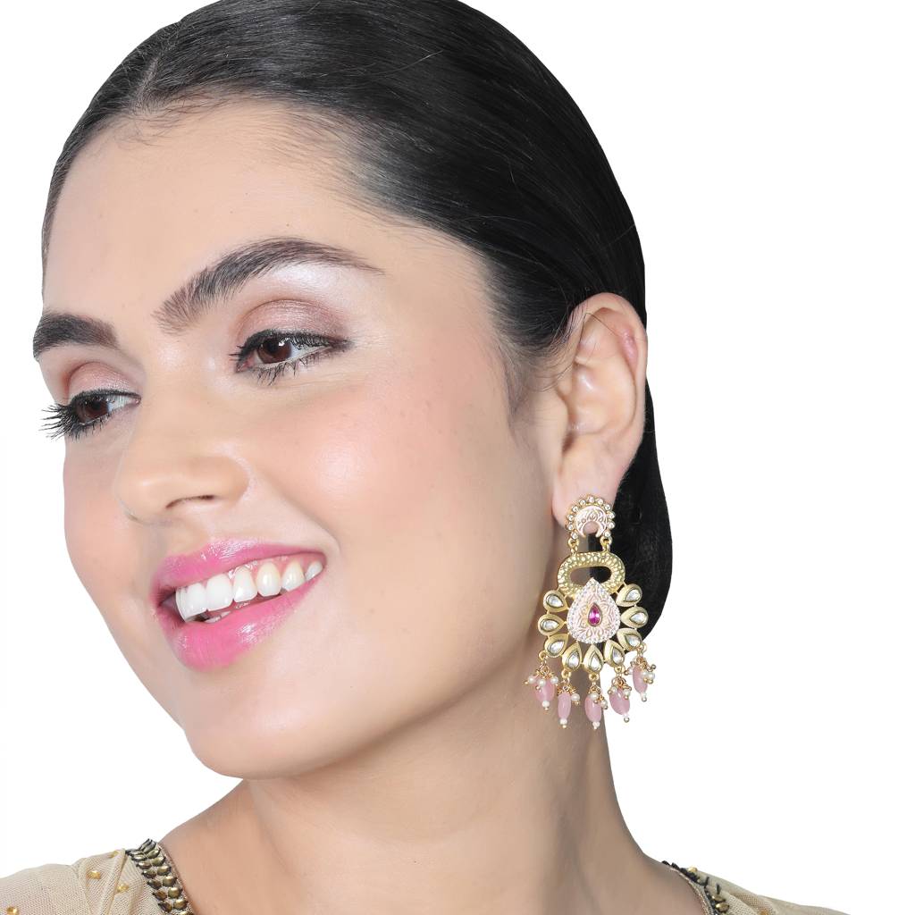 Gold Finished Blush Pink Meenakari And Kundan Danglers : KM-ER-13-PINK