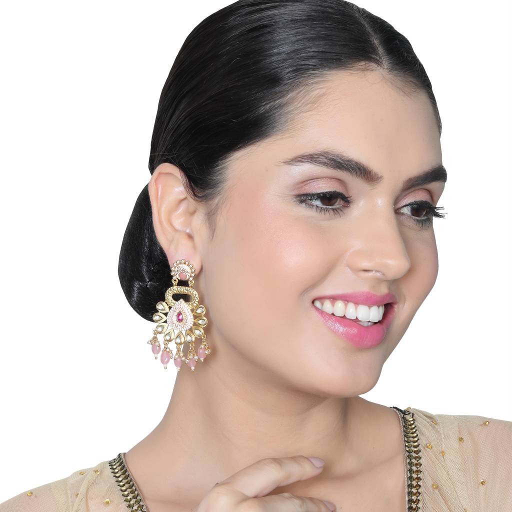 Gold Finished Blush Pink Meenakari And Kundan Danglers : KM-ER-13-PINK