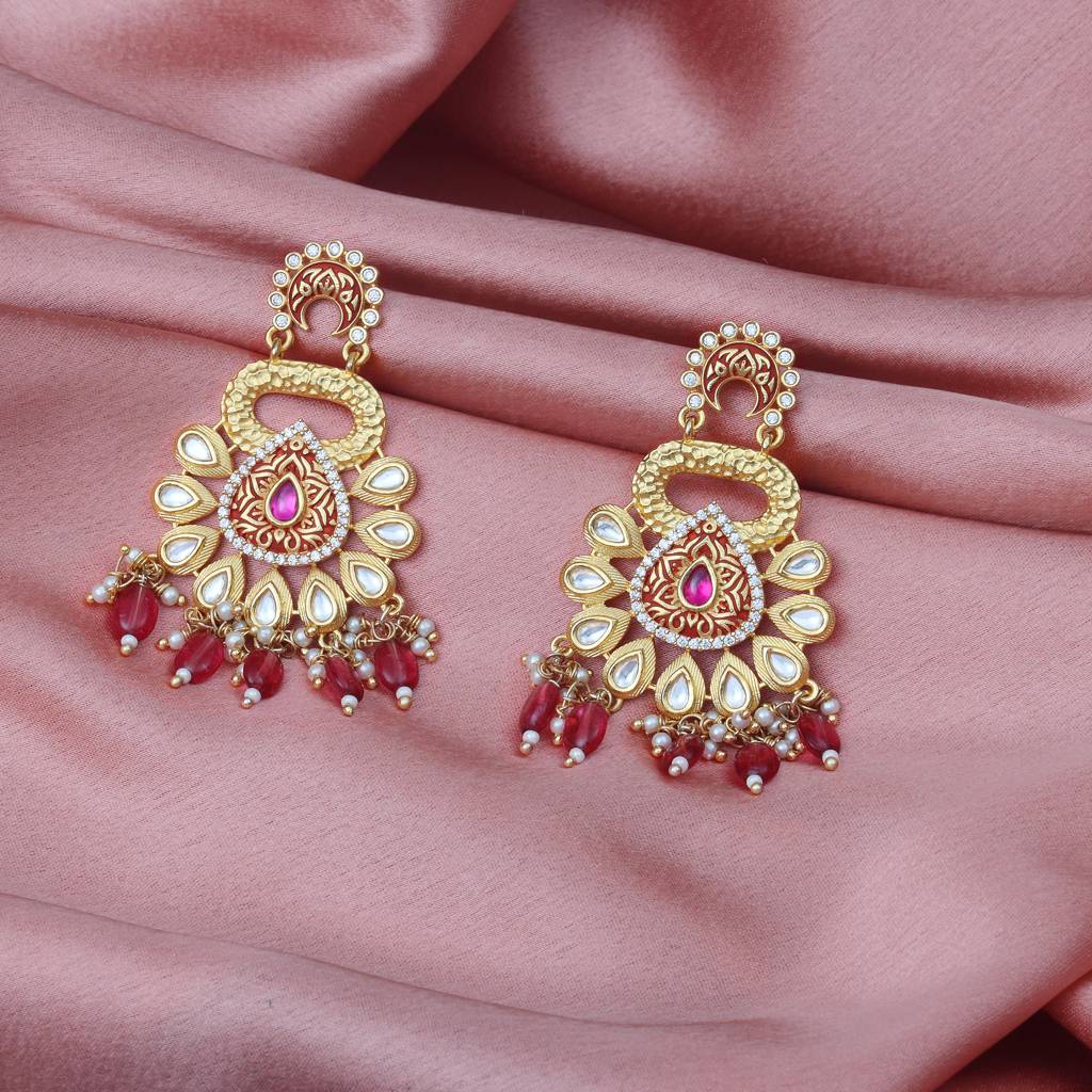 Gold Finished Deep Rani Pink Meenakari And Kundan Danglers : KM-ER-13-RANI