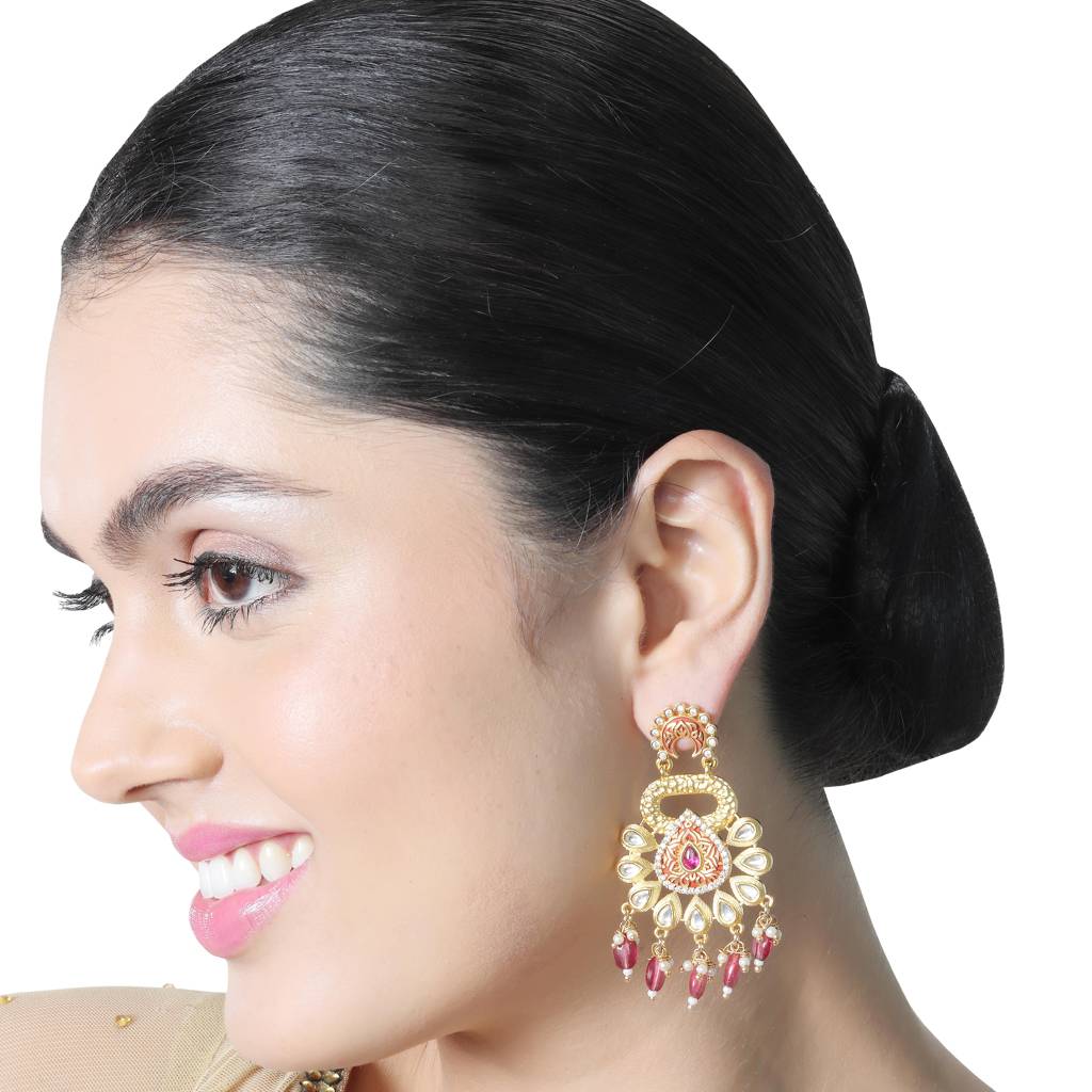 Gold Finished Deep Rani Pink Meenakari And Kundan Danglers : KM-ER-13-RANI