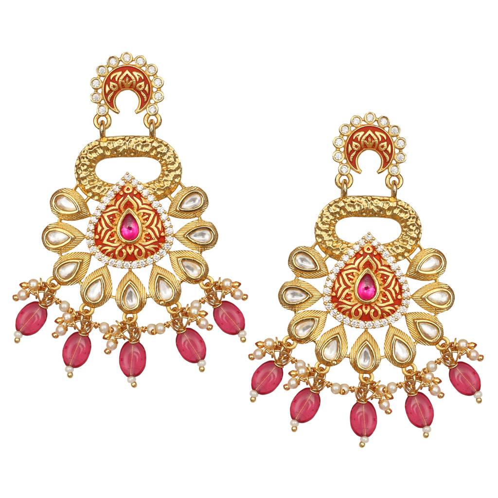 Gold Finished Deep Rani Pink Meenakari And Kundan Danglers : KM-ER-13-RANI