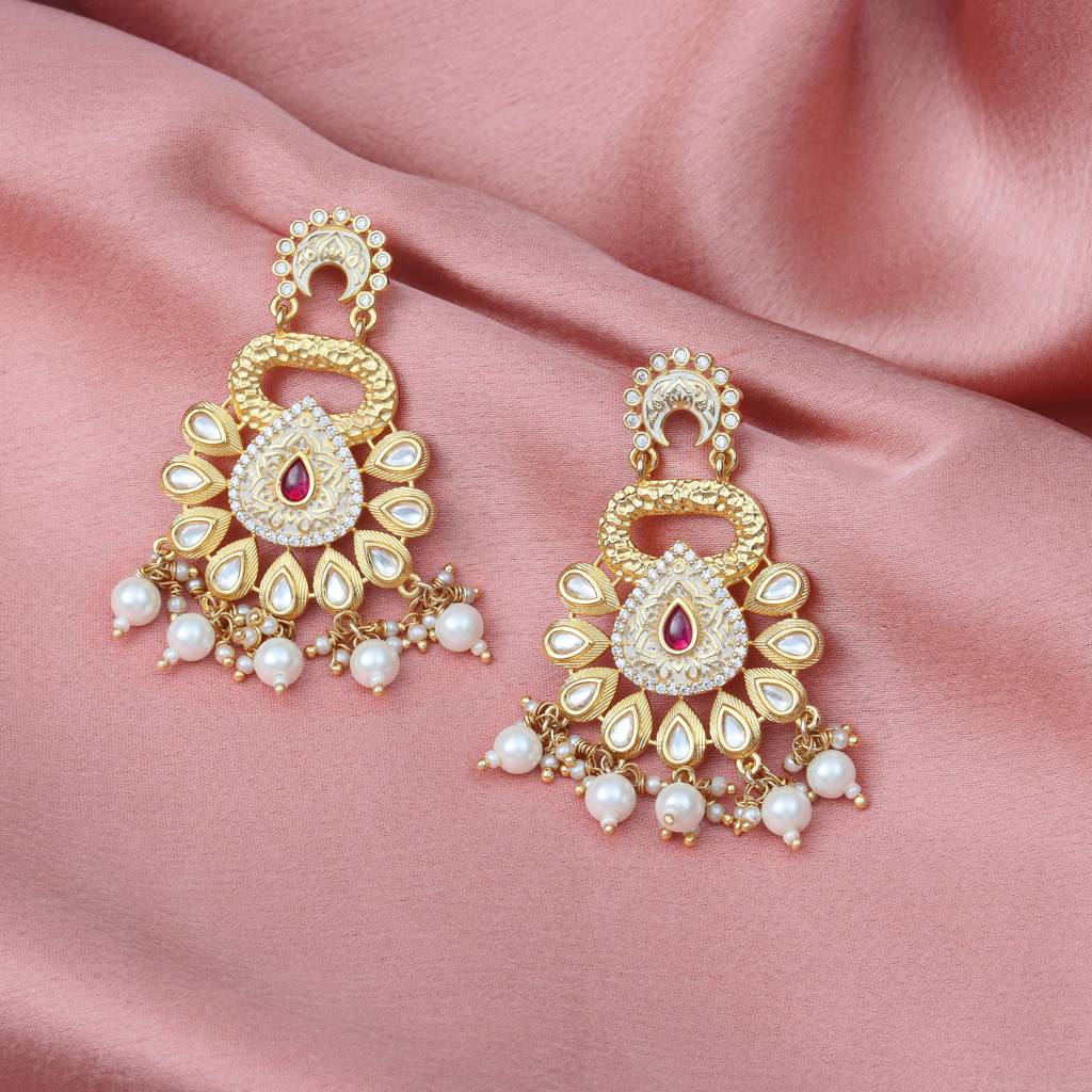 Gold Finished Ivory Meenakari And Kundan Danglers : KM-ER-13-WHITE
