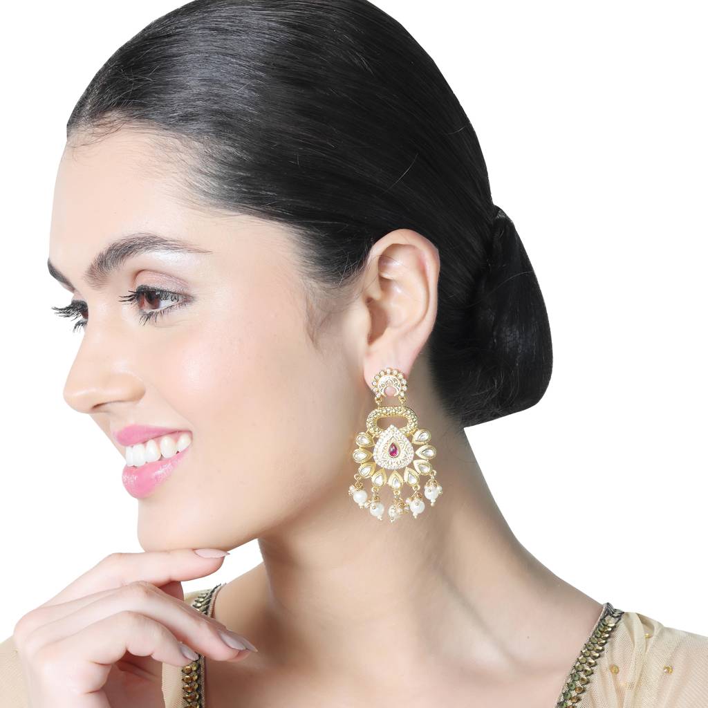 Gold Finished Ivory Meenakari And Kundan Danglers : KM-ER-13-WHITE