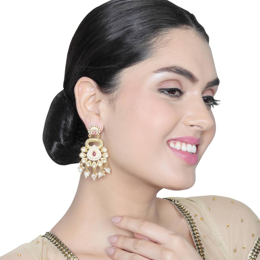 Gold Finished Ivory Meenakari And Kundan Danglers : KM-ER-13-WHITE