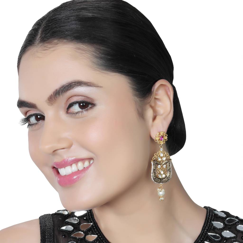 Midnight Black Meenakari Kundan Danglers : KM-ER-14-BLACK