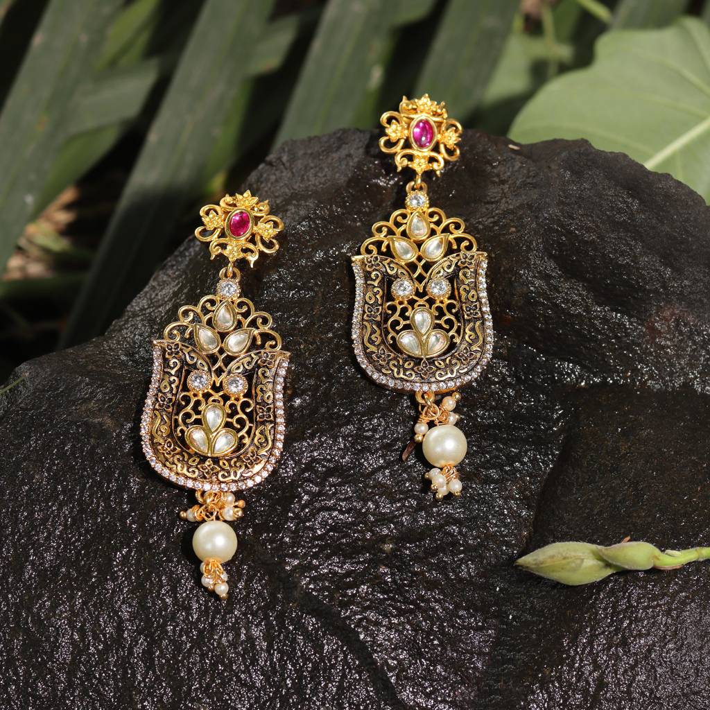 Midnight Black Meenakari Kundan Danglers : KM-ER-14-BLACK