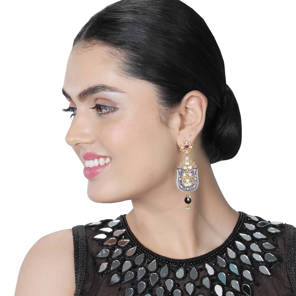 Royal Blue Meenakari Kundan Danglers-Km-Er-14-Blue : KM-ER-14-BLUE