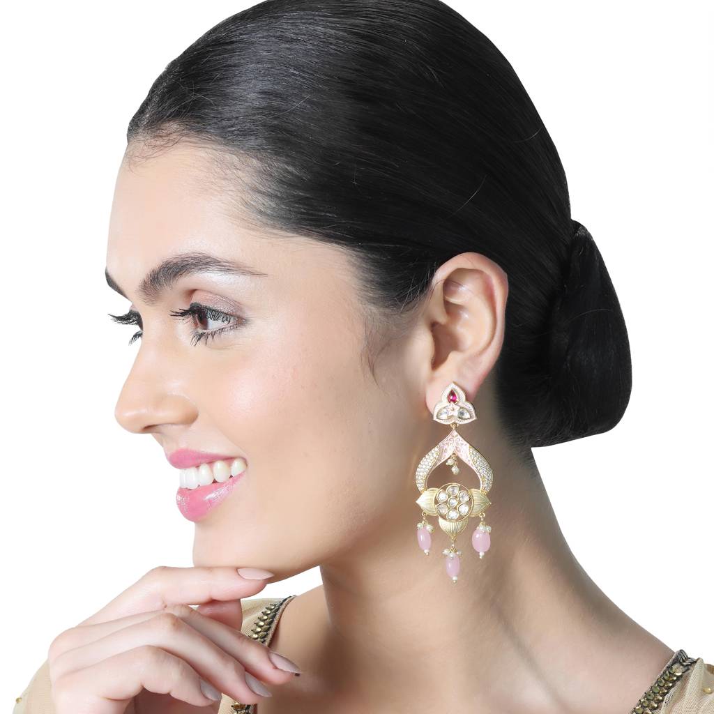 Gold Finished Meenakari Kundan Danglers With Baby Pink Beads : KM-ER-28-PINK