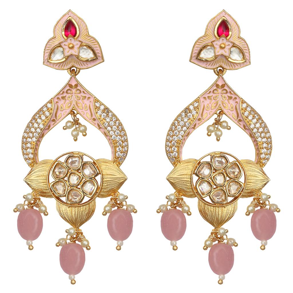 Gold Finished Meenakari Kundan Danglers With Baby Pink Beads : KM-ER-28-PINK