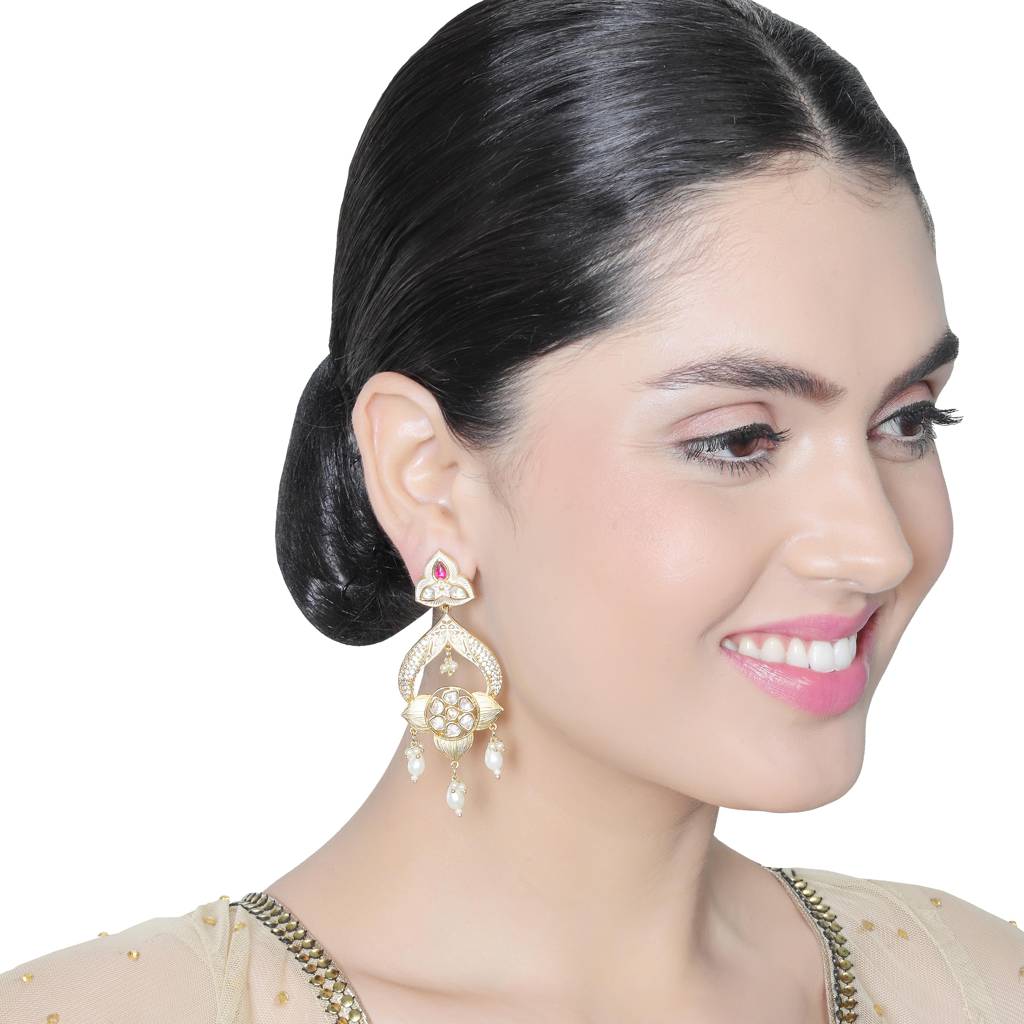 Gold Finished Ivory Meenakari Kundan Danglers With White Beads : KM-ER-28-WHITE