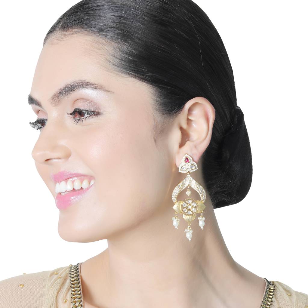 Gold Finished Ivory Meenakari Kundan Danglers With White Beads : KM-ER-28-WHITE