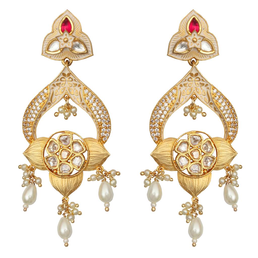 Gold Finished Ivory Meenakari Kundan Danglers With White Beads : KM-ER-28-WHITE