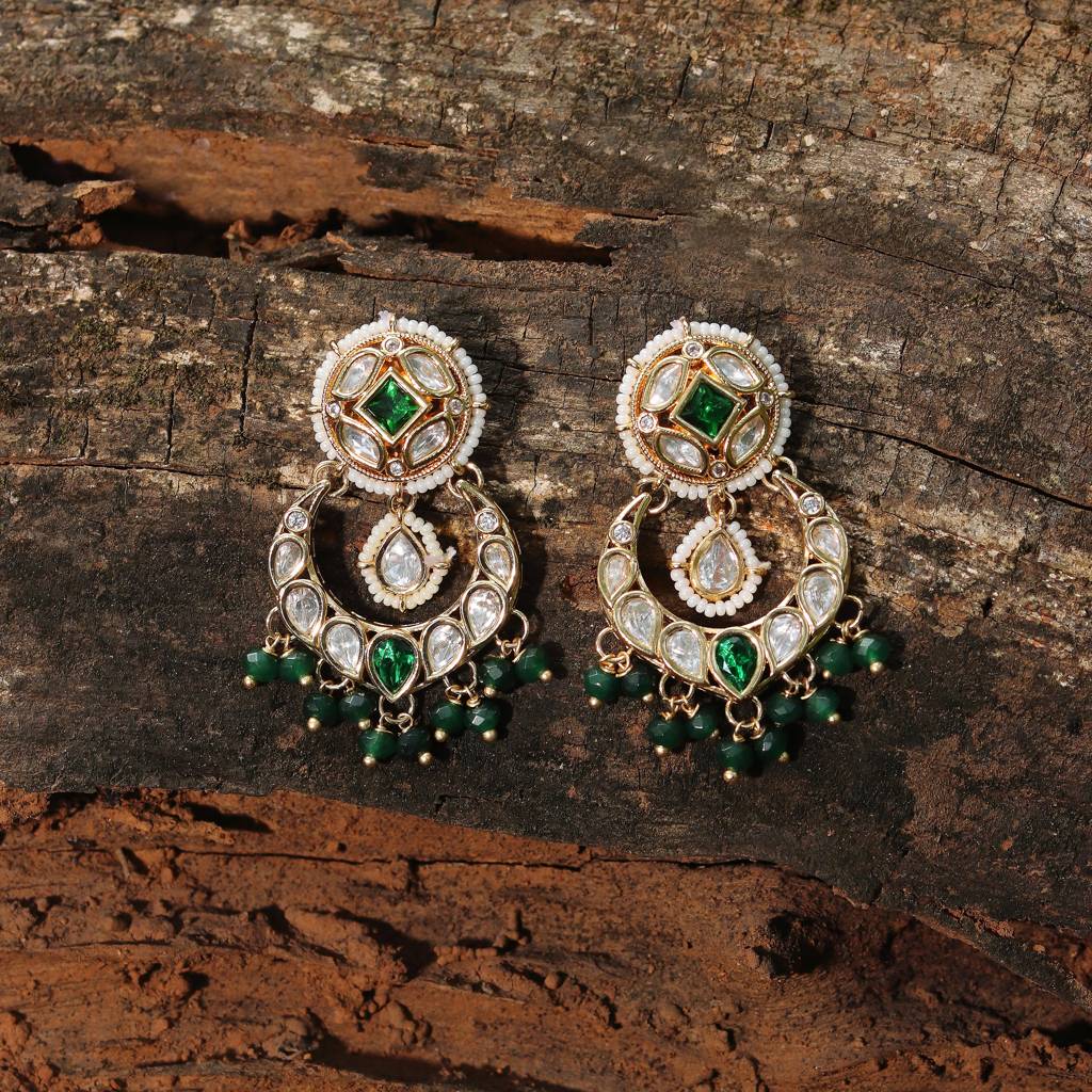Gold Finished Kundan Polki Danglers With Emerald Green Beads : KM-ER-AJK-37-GREEN