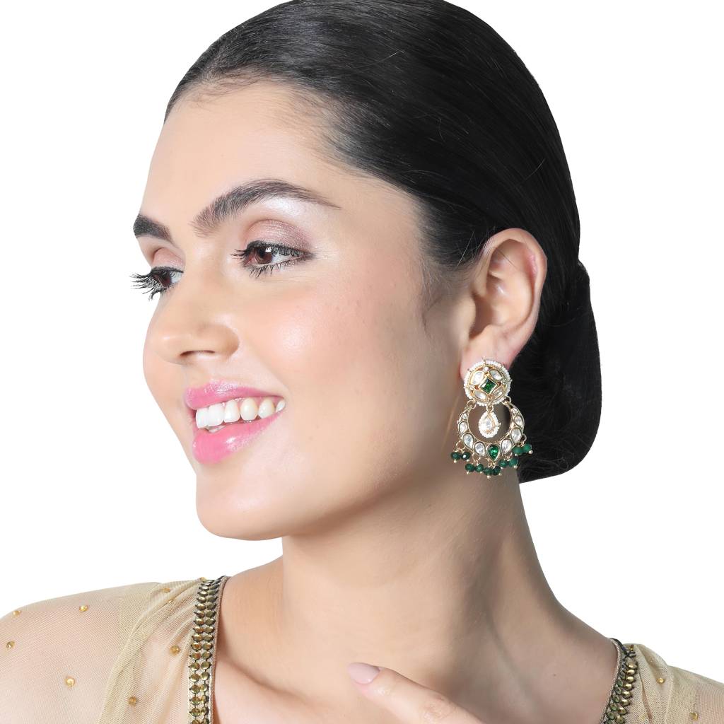 Gold Finished Kundan Polki Danglers With Emerald Green Beads : KM-ER-AJK-37-GREEN
