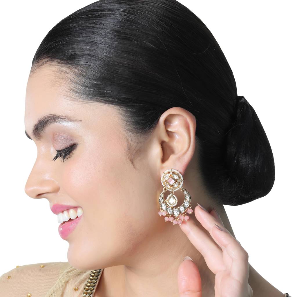 Gold Finished Kundan Polki Danglers With Blush Pink Beads : KM-ER-AJK-37-PINK