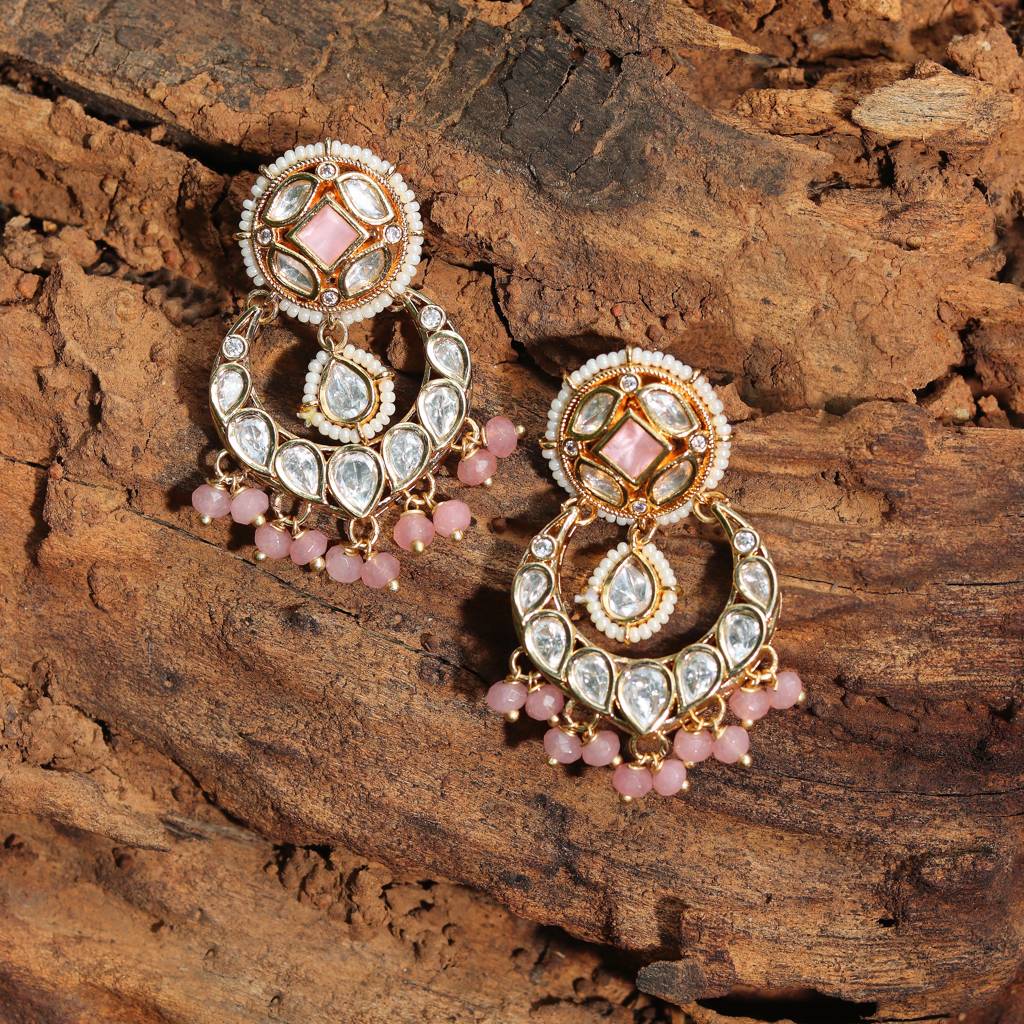 Gold Finished Kundan Polki Danglers With Blush Pink Beads : KM-ER-AJK-37-PINK