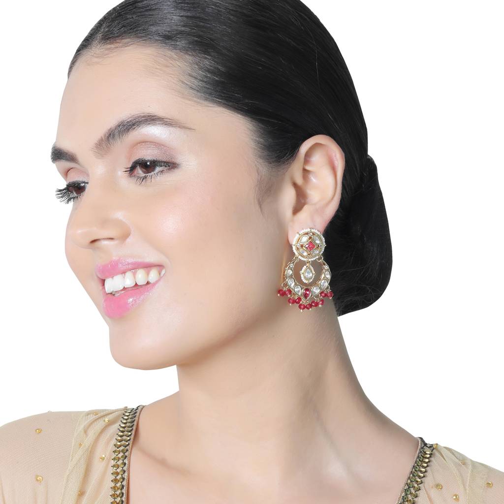 Gold Finished Kundan Polki Danglers With Red Beads : KM-ER-AJK-37-RED