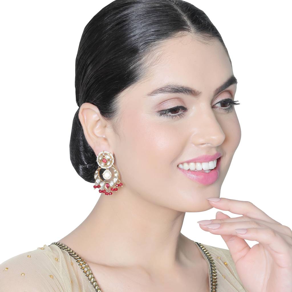 Gold Finished Kundan Polki Danglers With Red Beads : KM-ER-AJK-37-RED