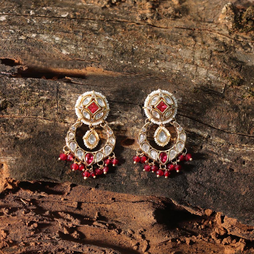 Gold Finished Kundan Polki Danglers With Red Beads : KM-ER-AJK-37-RED