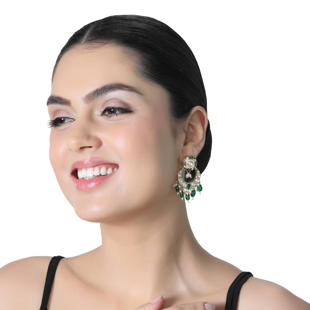 Gold Finished Emerald Green Meenakari Kundan Chaandbalis : KM-ER-AJK-38-GREEN
