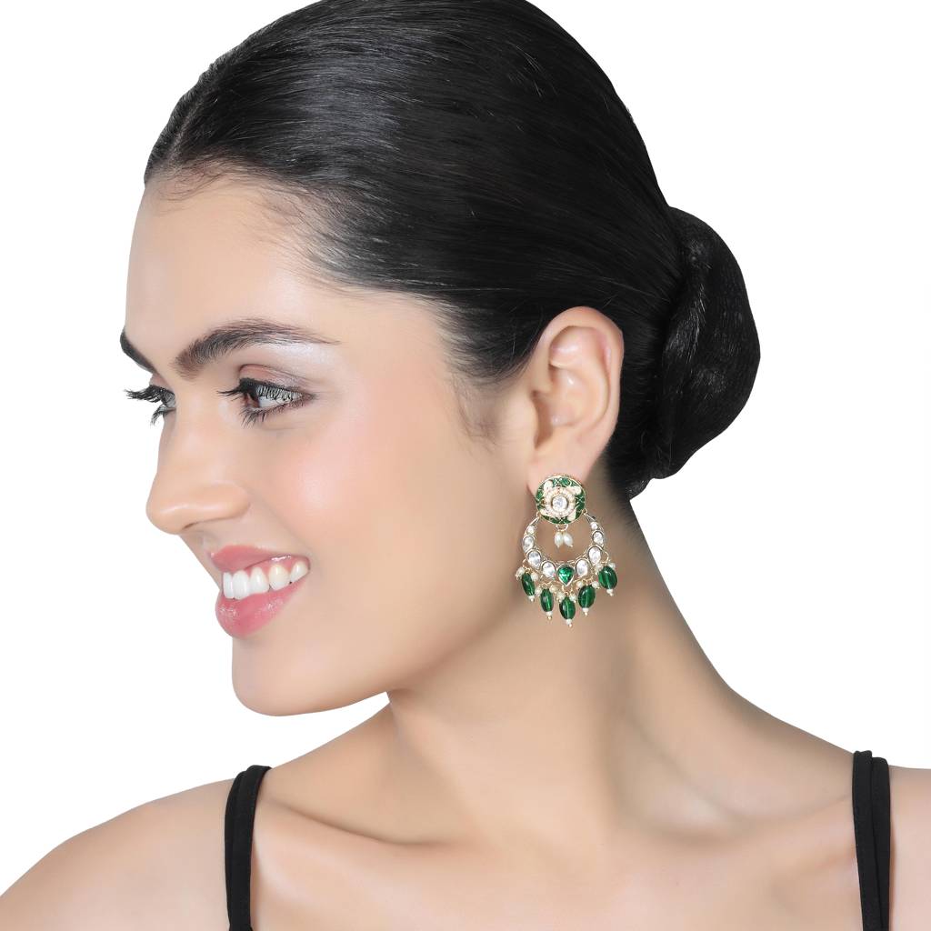 Gold Finished Emerald Green Meenakari Kundan Chaandbalis : KM-ER-AJK-38-GREEN
