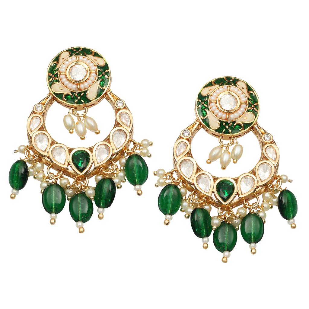 Gold Finished Emerald Green Meenakari Kundan Chaandbalis : KM-ER-AJK-38-GREEN