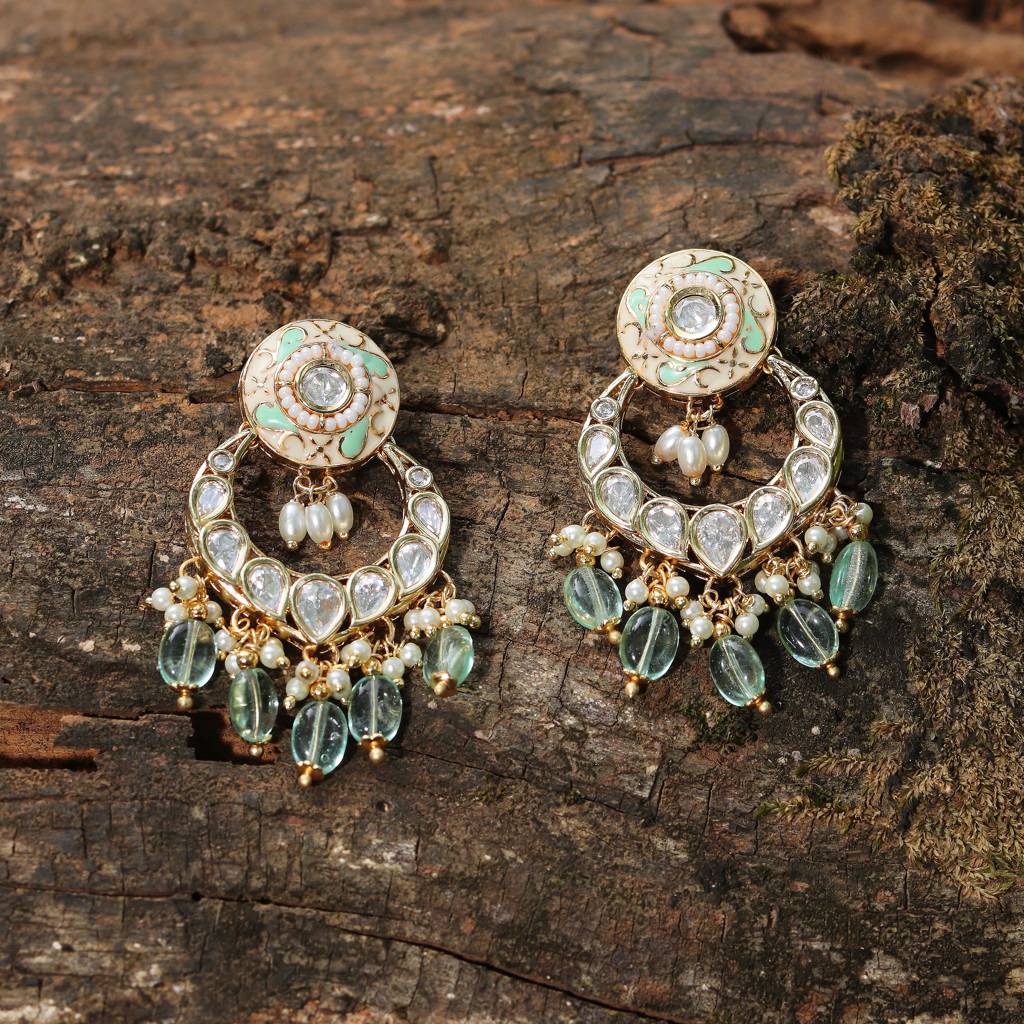 Gold Finished Mint And White Meenakari Kundan Chandbalis : KM-ER-AJK-38-MINT