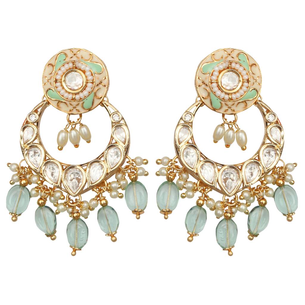 Gold Finished Mint And White Meenakari Kundan Chandbalis : KM-ER-AJK-38-MINT