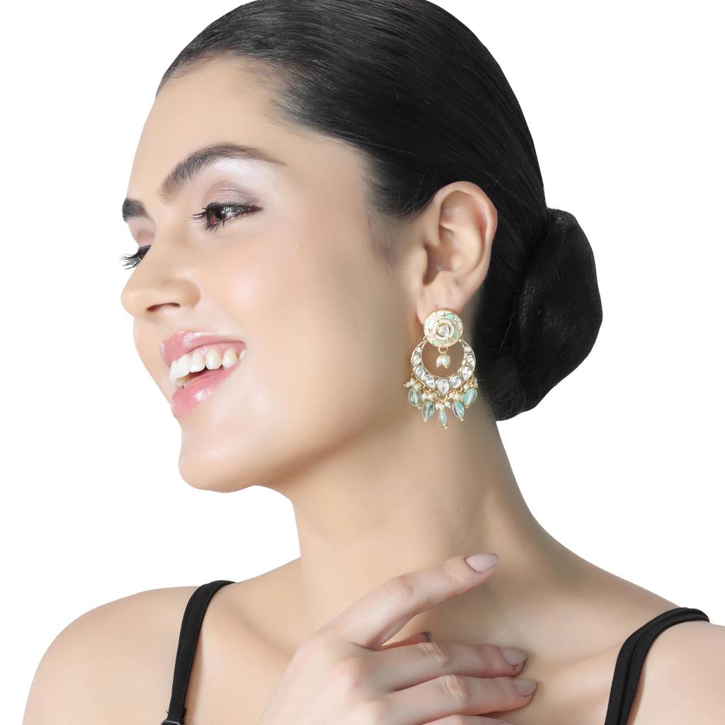 Gold Finished Mint And White Meenakari Kundan Chandbalis : KM-ER-AJK-38-MINT