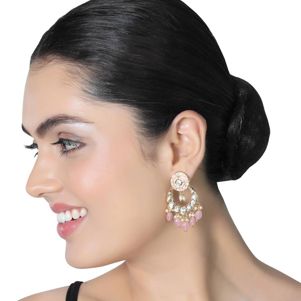Gold Finished Light Pink Meenakari Kundan Chandbalis : KM-ER-AJK-38-PINK