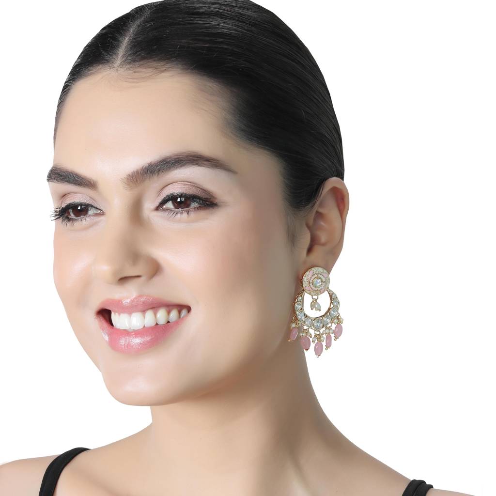 Gold Finished Light Pink Meenakari Kundan Chandbalis : KM-ER-AJK-38-PINK