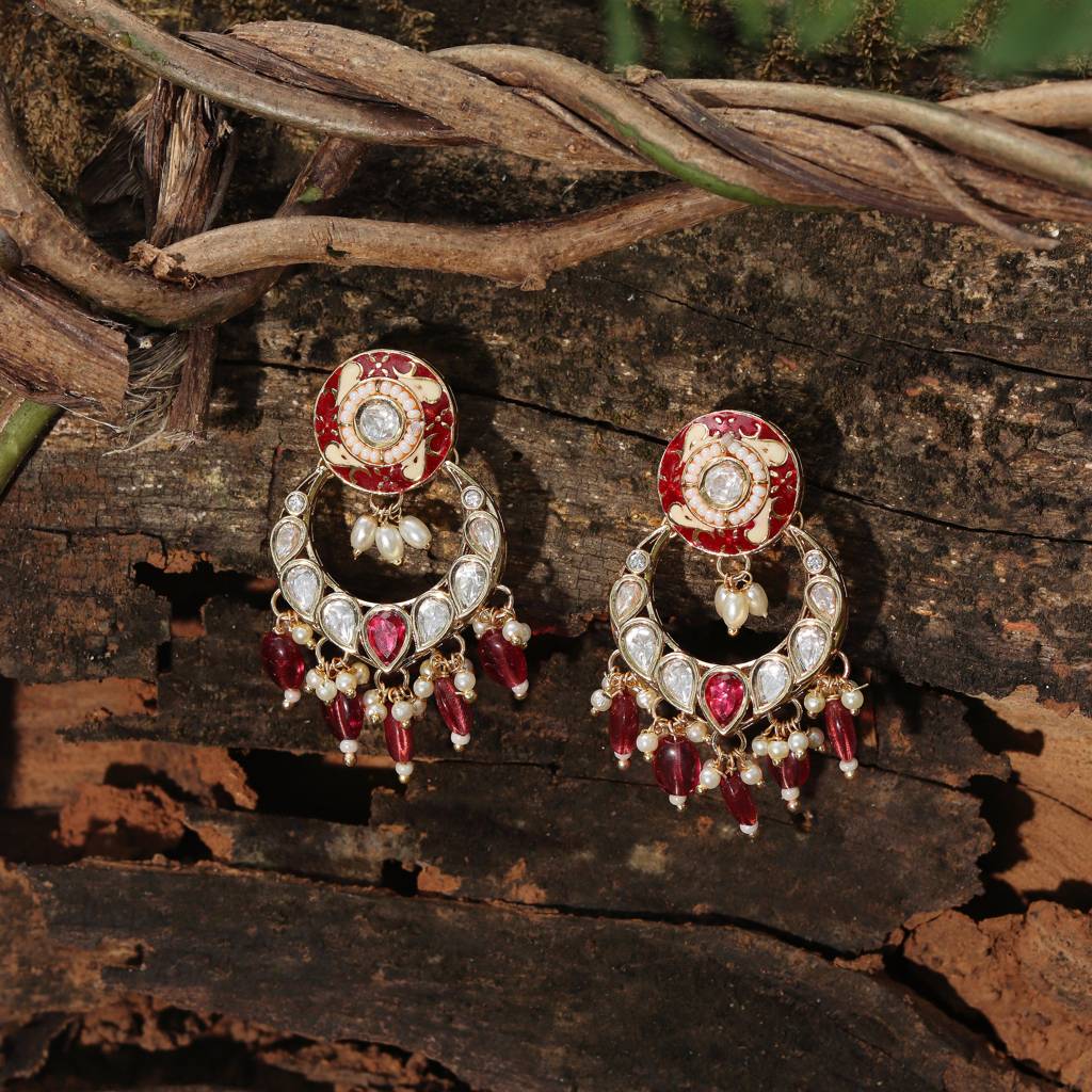Gold Finished Red Meenakari Kundan Chandbalis : KM-ER-AJK-38-RED