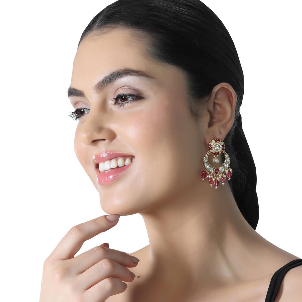 Gold Finished Red Meenakari Kundan Chandbalis : KM-ER-AJK-38-RED
