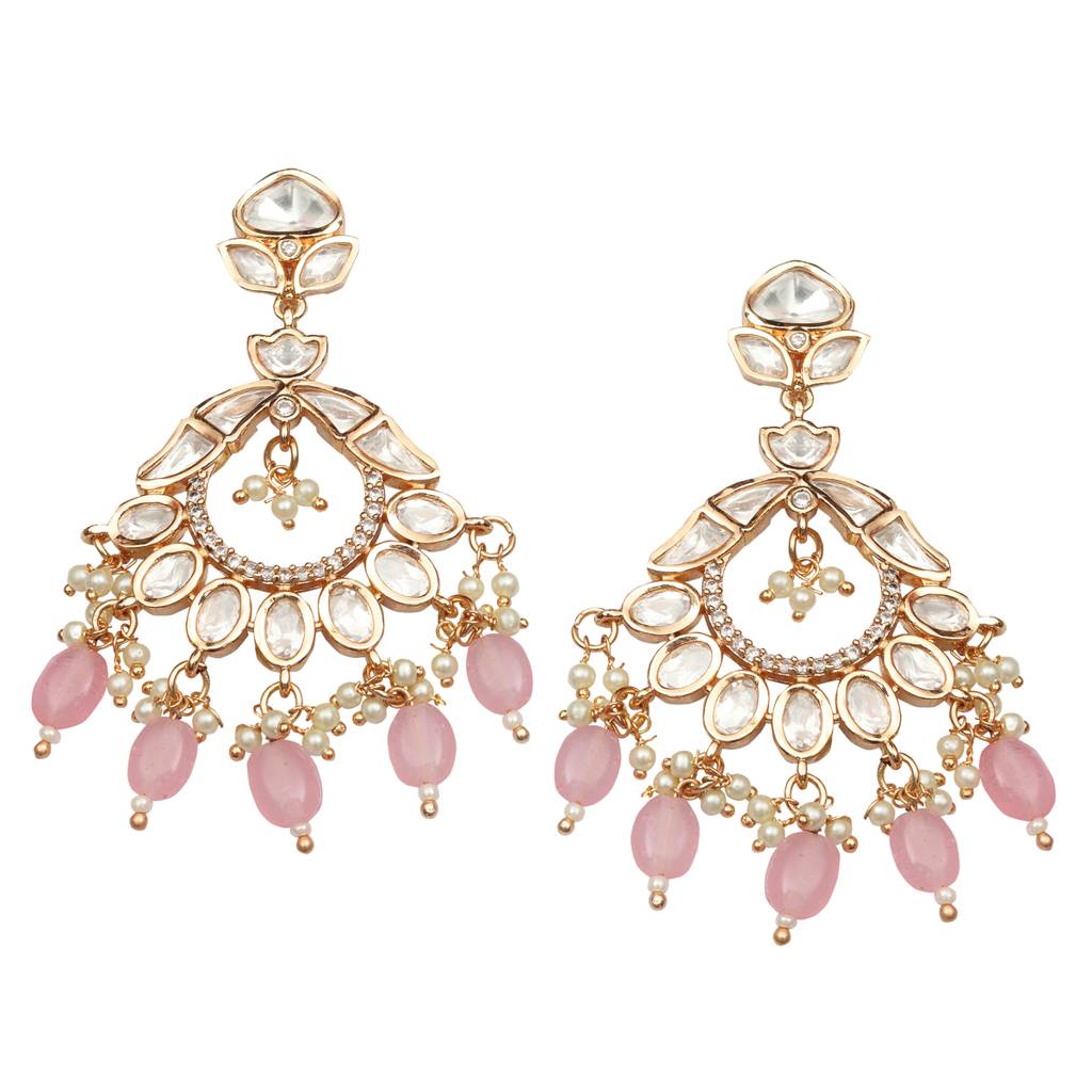 Gold Finished Kundan And Polki Chandbalis With Baby Pink Coloured Beads-Km-Er-Cet-04-Pink : KM-ER-CET-04-PINK