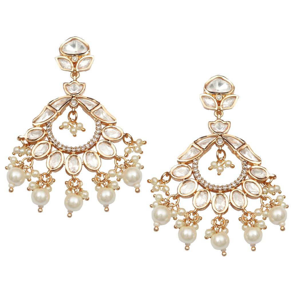 Gold Finished Kundan And Polki Chandbalis With White Beads-Km-Er-Cet-04-White : KM-ER-CET-04-WHITE