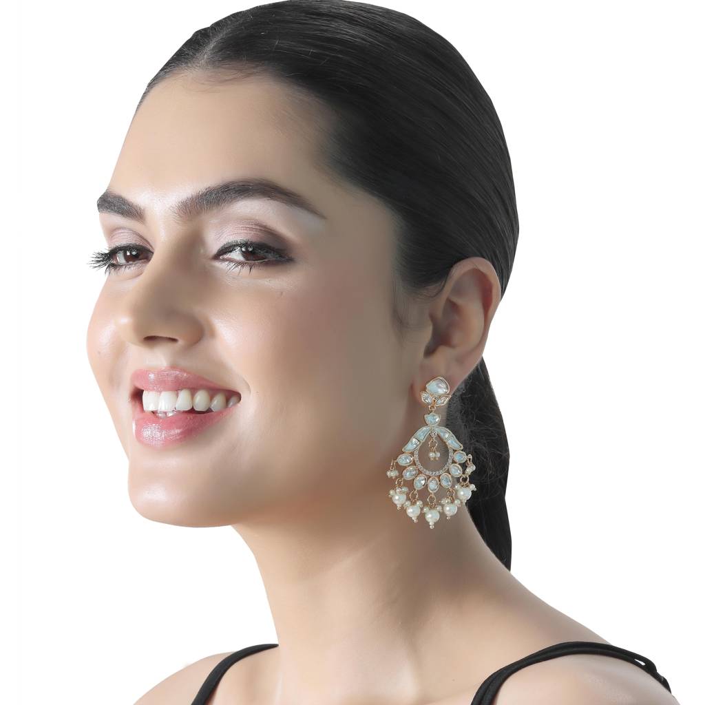 Gold Finished Kundan And Polki Chandbalis With White Beads-Km-Er-Cet-04-White : KM-ER-CET-04-WHITE