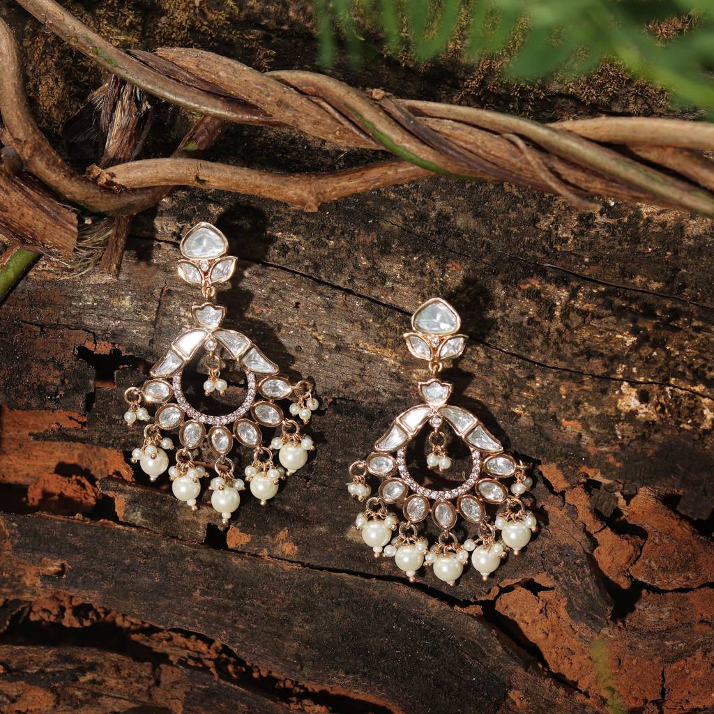 Gold Finished Kundan And Polki Chandbalis With White Beads-Km-Er-Cet-04-White : KM-ER-CET-04-WHITE