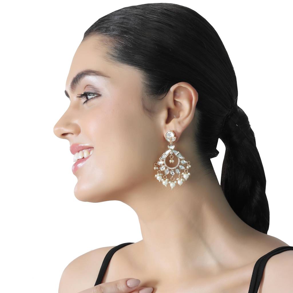 Gold Finished Kundan And Polki Chandbalis With White Beads-Km-Er-Cet-04-White : KM-ER-CET-04-WHITE