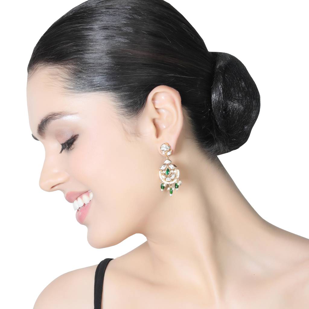 Gold Finished Kundan And Polki Danglers With Emerald Green Beads : KM-ER-CET-07-GREEN