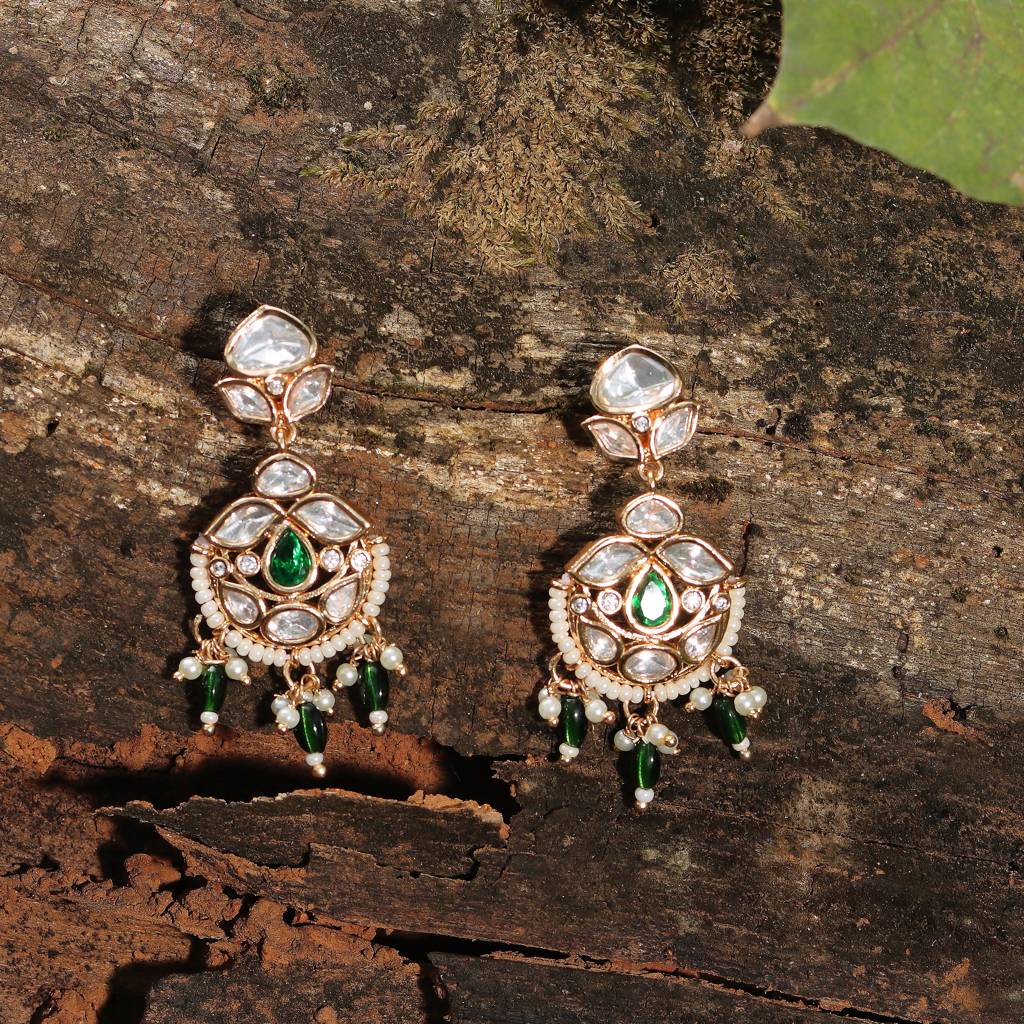Gold Finished Kundan And Polki Danglers With Emerald Green Beads : KM-ER-CET-07-GREEN