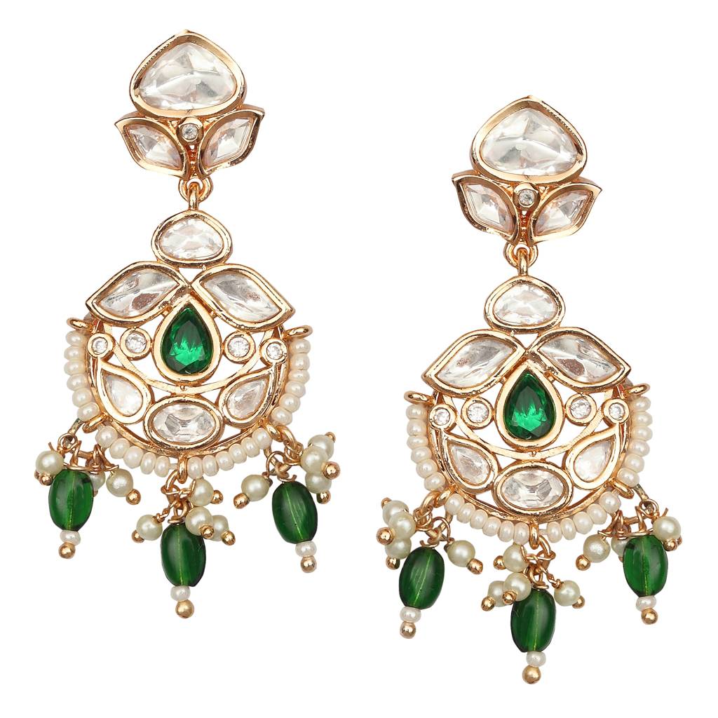 Gold Finished Kundan And Polki Danglers With Emerald Green Beads : KM-ER-CET-07-GREEN