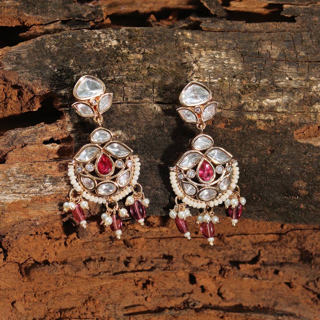 Gold Finished Kundan And Polki Danglers With Rani Pink Beads : KM-ER-CET-07-PINK