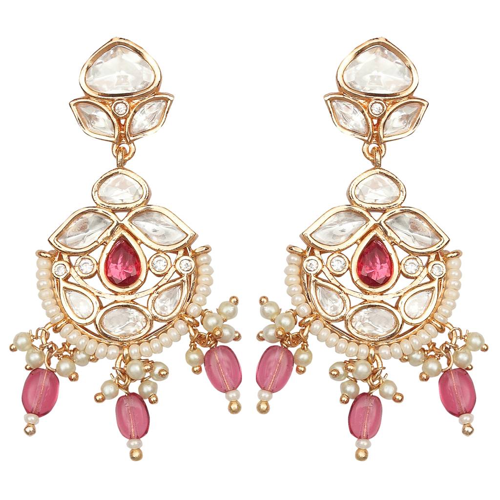 Gold Finished Kundan And Polki Danglers With Rani Pink Beads : KM-ER-CET-07-PINK