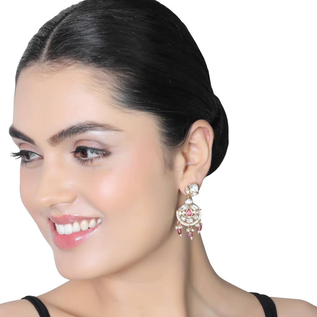 Gold Finished Kundan And Polki Danglers With Rani Pink Beads : KM-ER-CET-07-PINK