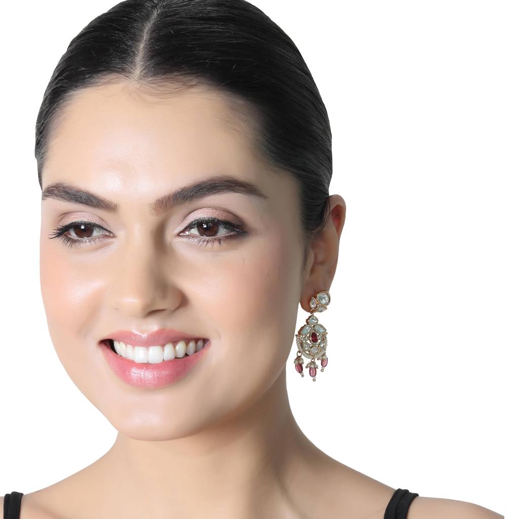 Gold Finished Kundan And Polki Danglers With Rani Pink Beads : KM-ER-CET-07-PINK