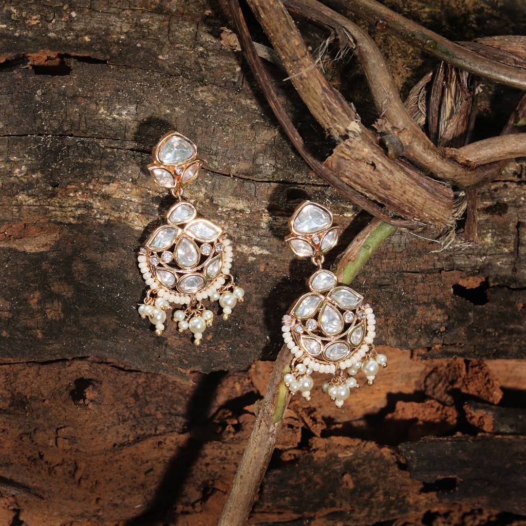 Gold Finished Kundan And Polki Danglers With Pristine White Beads : KM-ER-CET-07-WHITE