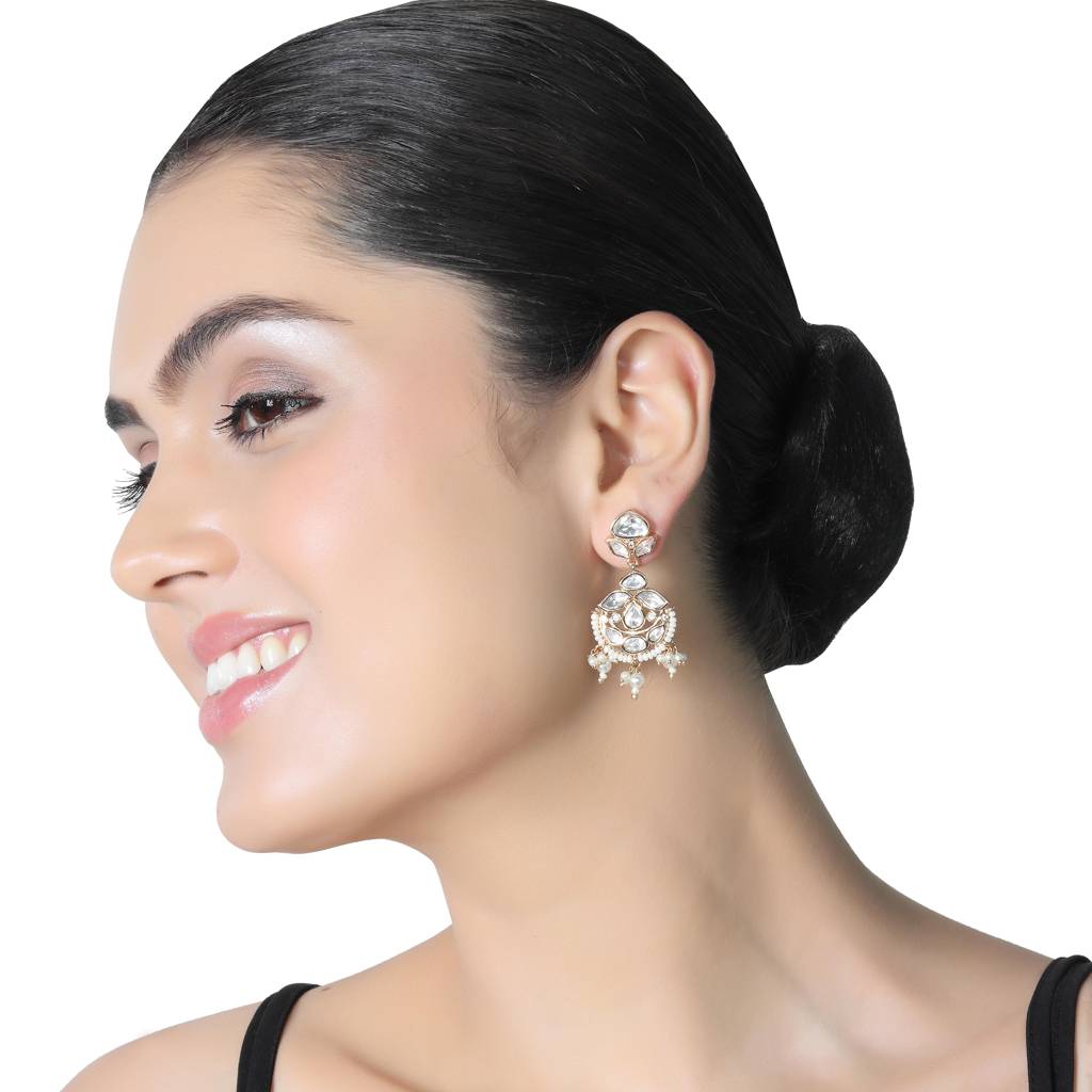 Gold Finished Kundan And Polki Danglers With Pristine White Beads : KM-ER-CET-07-WHITE
