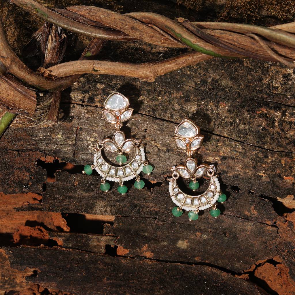 Gold Finished Kundan And Polki Chandbalis With Mint Coloured Beads : KM-ER-CET-09-GREEN