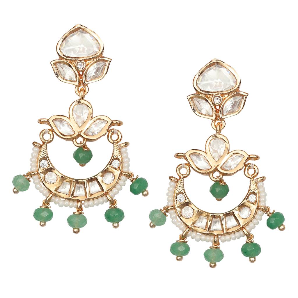 Gold Finished Kundan And Polki Chandbalis With Mint Coloured Beads : KM-ER-CET-09-GREEN