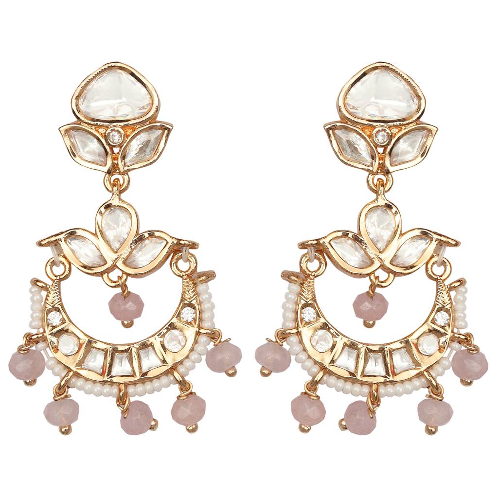 Gold Finished Kundan And Polki Chandbalis With Baby Pink Coloured Beads-Km-Er-Cet-09-Pink : KM-ER-CET-09-PINK